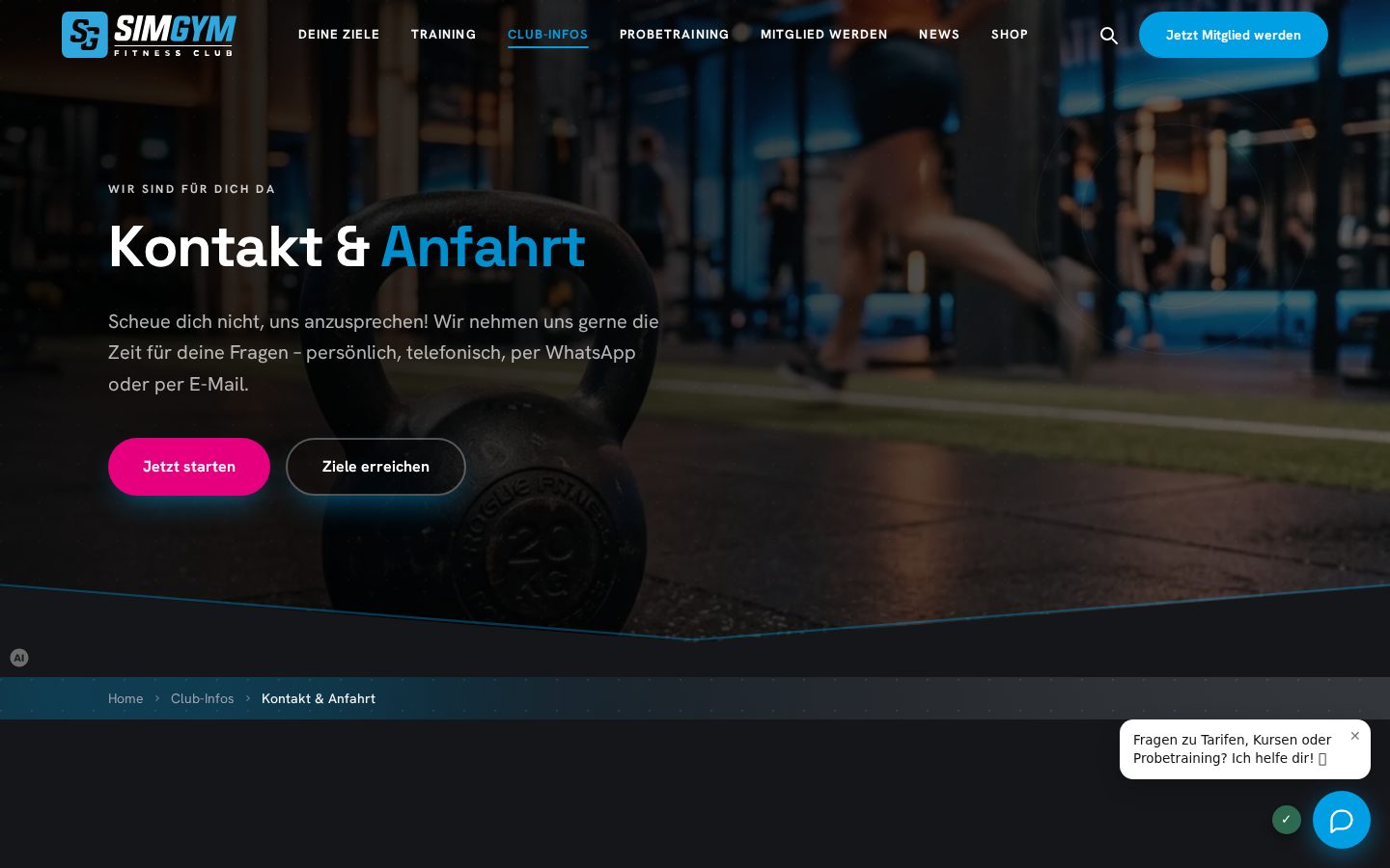 SimGym Kontaktseite mit WhatsApp-Chat-Fenster (preprod)